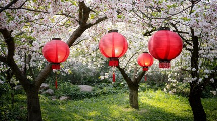 Red Lanterns Swaying in a Blossoming Orchard