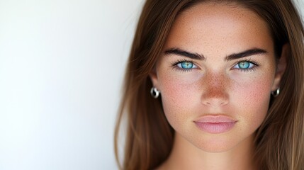Naklejka premium Close-up portrait of a young woman with blue eyes and freckles.