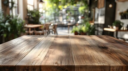 Bright wooden table counter, blurred white home kitchen interior with soft bokeh details creating a serene atmosphere