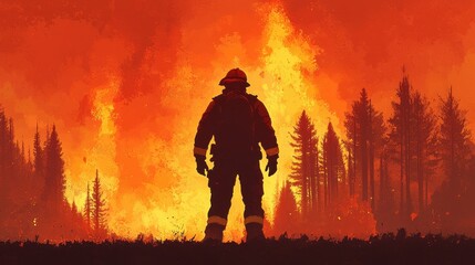 Fototapeta premium A firefighter stands silhouetted against a blazing wildfire, surrounded by trees and engulfed in flames, symbolizing bravery and the fight against nature's fury.