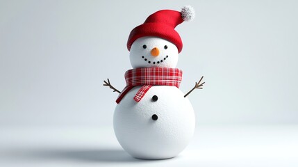 Fototapeta premium A happy snowman wearing a red hat and scarf.