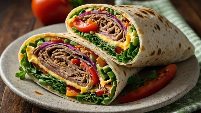 Video footage of delicious wrap filled with shredded beef, fresh lettuce, tomatoes, red onions, and cheese, cut in half and served on a plate