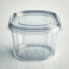 Clear empty plastic food container with a fitted lid on white background