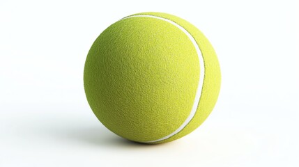 A yellow tennis ball with white stitching is isolated against a white background.