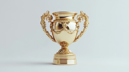 A shiny gold trophy cup with ornate handles.