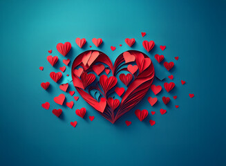Intricate red paper hearts, layered and arranged to form a larger heart shape against a teal background.  A romantic and artistic Valentine's Day design.
