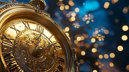 Elegant Golden Clock Against Festive Lights Background