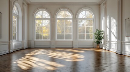 Empty interior room 3d illustration with bright white walls and wooden flooring, natural light streaming through large windows
