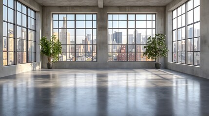 Obraz premium Empty modern room 3d illustration with neutral-toned walls and polished concrete flooring, emphasizing open space