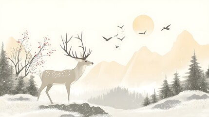 A simple vector illustration of an elegant deer standing on the edge of a cliff, overlooking dense forests and distant mountains