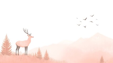 A simple vector illustration of an elegant deer standing on the edge of a cliff, overlooking dense forests and distant mountains