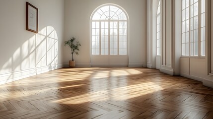 Obraz premium Minimal empty interior room 3d render with polished hardwood floors and plain white walls, natural light focus