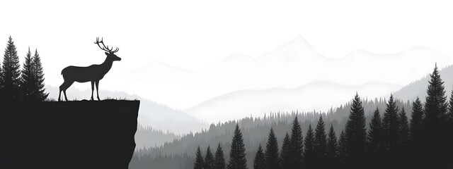 A simple vector illustration of an elegant deer standing on the edge of a cliff, overlooking dense forests and distant mountains