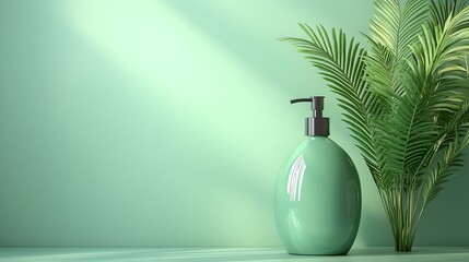 Mint green soap dispenser with palm leaves on a pastel green background.