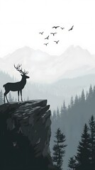 A simple vector illustration of an elegant deer standing on the edge of a cliff, overlooking dense forests and distant mountains