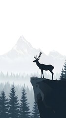 A simple vector illustration of an elegant deer standing on the edge of a cliff, overlooking dense forests and distant mountains