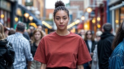 Fototapeta premium A young woman wearing a red crewneck t-shirt and standing in a vibrant and lively street scene