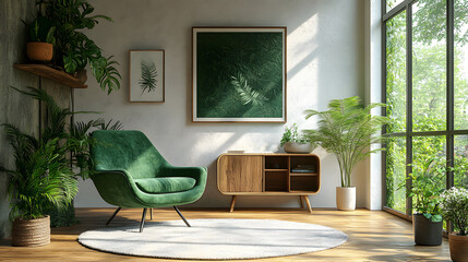 Minimalist living space featuring a green armchair, TV cabinet, and clean decor elements on white plaster walls, 3D render