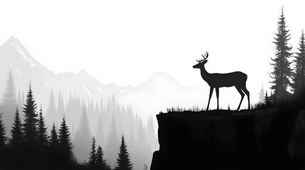 A simple vector illustration of an elegant deer standing on the edge of a cliff, overlooking dense forests and distant mountains