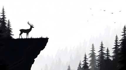 A simple vector illustration of an elegant deer standing on the edge of a cliff, overlooking dense forests and distant mountains