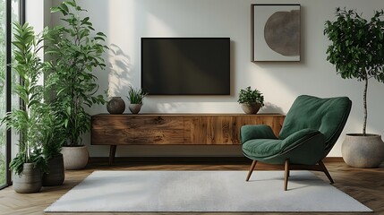 Green armchair and modern TV cabinet in a bright living room with simple decorative accents and white plaster walls, 3D render