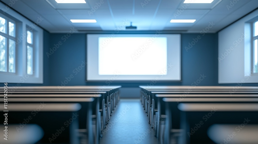 Poster empty school classroom interior, lecture hall with rows of desks, light background with copy space