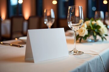 Horizontal card mockup leaning against a wine glass on a table with a white tablecloth, silver cutlery, and a floral centerpiece, lit with soft ambient lighting for a formal and sophisticated feel