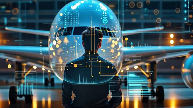 Aviation Innovation: A visionary businessman contemplates the future of air travel, standing before a futuristic airplane with holographic data overlay.