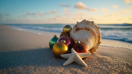 Obraz premium Christmas ornaments in seashell on beach at sunset. (4)
