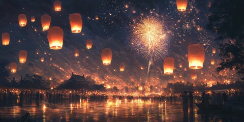 Lantern festival celebration riverside nighttime event spectacular fireworks serene atmosphere cultural experience