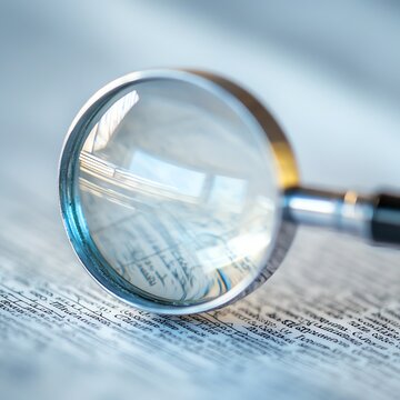 Close-up image of a magnifying glass placed over a printed page, highlighting the fine details and text magnification for clarity and detail-focused analysis.