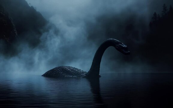 A mystical video of Nessie, the legendary Loch Ness monster, walking slowly forward through the misty waters, her large, shadowy form creating ripples that spread across the surface
