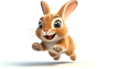 Fototapeta premium A happy cartoon bunny leaps through the air, with big eyes and a wide smile.