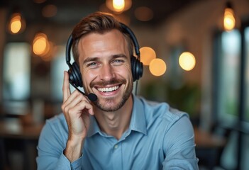 A man in a professional setting, smiling warmly, wearing a headset with a microphone