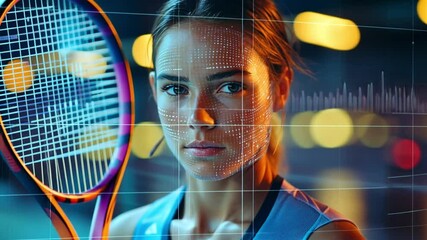 The Power of Focus: A Determined Tennis Player with a Data-Driven Mindset - A close-up portrait of a female tennis player, her face illuminated by a grid overlay. - Powered by Adobe