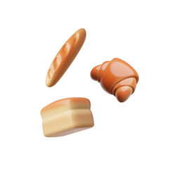 Set of 3D bread of various shapes: loaf, bread and croissant on a white background.