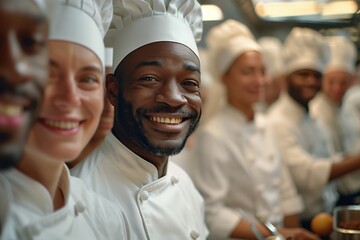 Smiling chefs in a kitchen showcasing teamwork and passion for culinary arts in lively atmosphere.