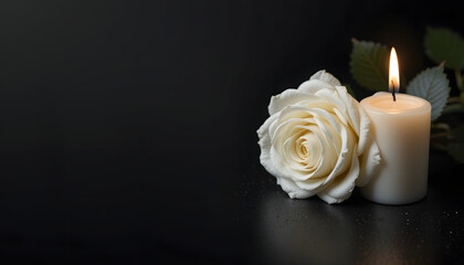 Fototapeta premium White rose and lit candle placed elegantly on a dark background, copy space