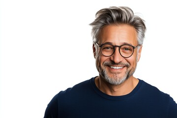 Obraz premium A smiling man with glasses and gray hair, wearing a dark shirt, against a white background. His relaxed demeanor conveys confidence and friendliness.