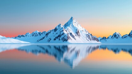 Fototapeta premium A stunning mountain landscape with snow-capped peaks reflecting in calm waters, illuminated by a soft sunrise glow.