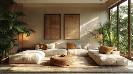 Modern warm interior featuring sunlight-filled spaces, neutral colors, and inviting design elements, 3D rendering