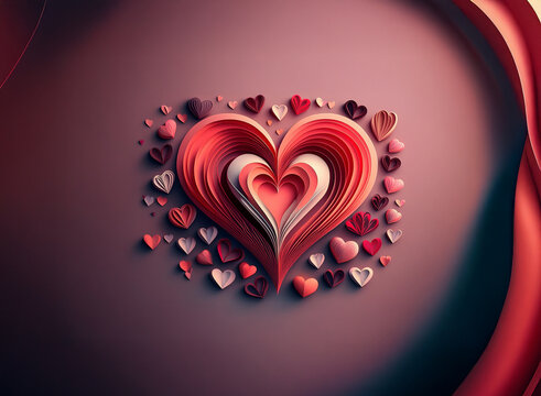 A large, layered paper heart takes center stage, surrounded by smaller hearts in varying shades of red and pink.  The design is elegant and romantic, evoking feelings of love and affection.  A subtle 