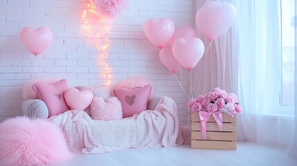 Romantic pink room decor with balloons, pillows, and flowers.