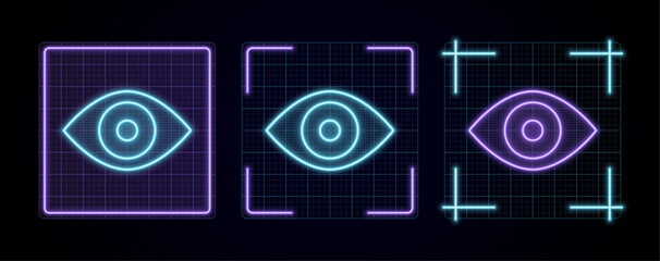Eye icon illustration, cyber neon visual, glowing border grid vector.