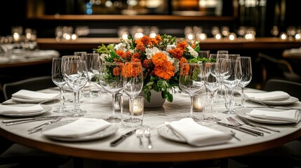 Fototapeta premium Elegant dinner table setting with orange and white flowers.