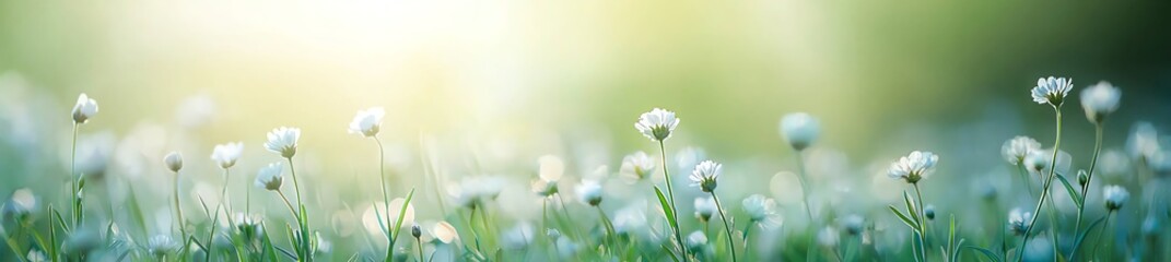 A serene meadow with delicate white flowers basking in soft sunlight. Ideal for themes of tranquility, nature, and springtime beauty. Gentle focus enhances the peaceful ambiance.
