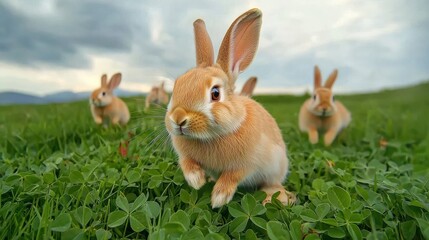 Fototapeta premium Biodiversity preservation style. Five rabbits playing in a lush green field under a cloudy sky.
