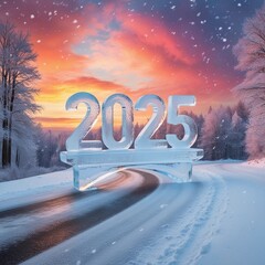 An intricately carved ice sculpture of the number "2025," glistening under soft sunlight, stands proudly on a serene, snow-covered road, surrounded by frosty trees