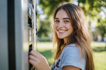 Smiling young woman standing outdoors near a vending machine