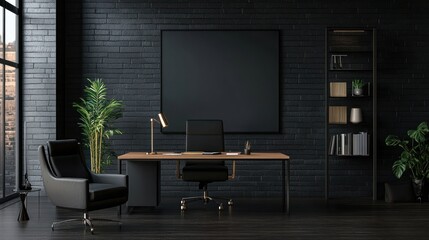 Modern Dark Office Interior Design: Sophisticated Workspace with Black Brick Walls and Elegant Furniture